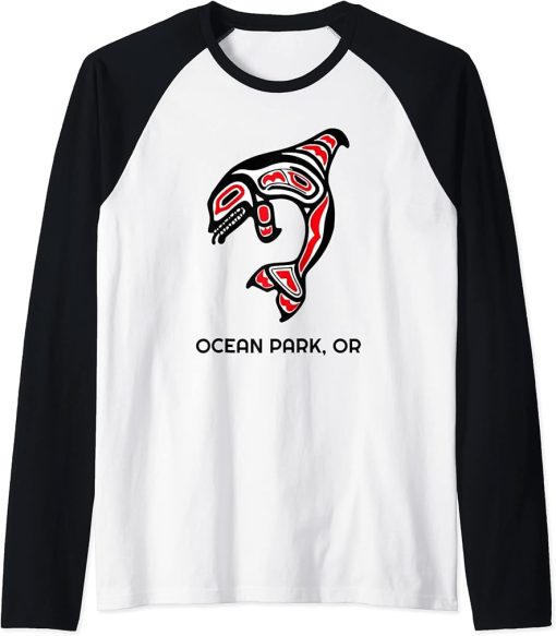 Ocean Park, Oregon Native American Orca Killer Whales Gift Raglan Baseball Tee